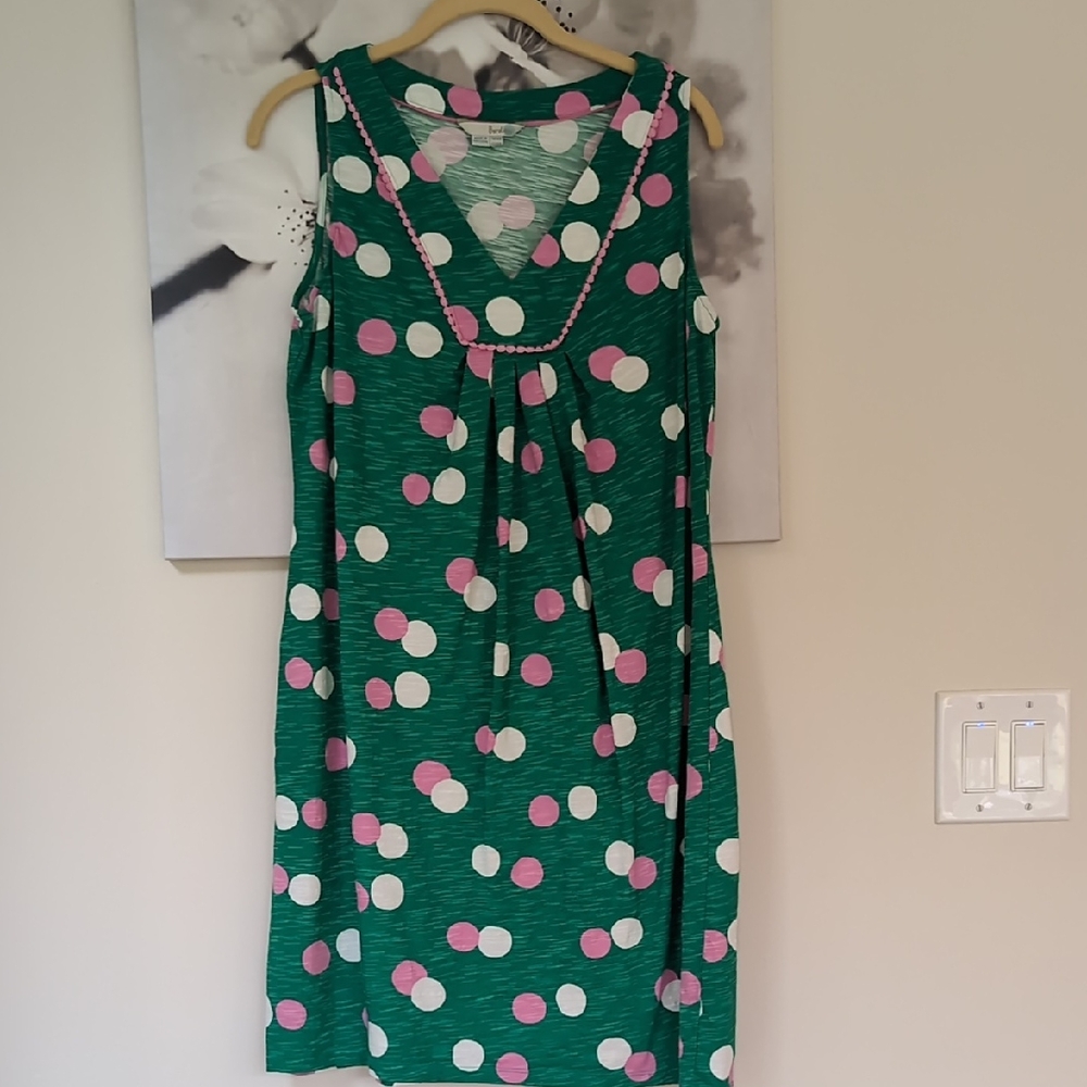 Boden Green Dress with Pink and White Polka Dots